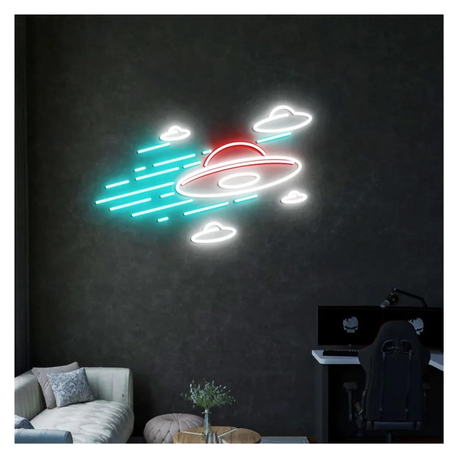 LEMST Signs Lamp Flying Saucer Neon Signs USB Powered Adjustable Brightness UFO Neon Lights, for Club Party Decor 36cmx38cm(A)