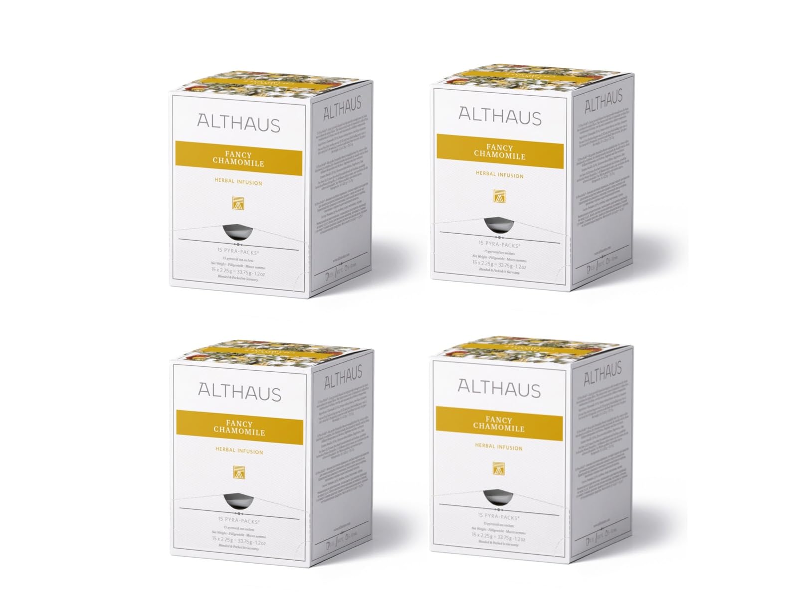Althaus Kamillentee Fancy Chamomile, 4 Packungen mit je 15 Beuteln, Loser Tee in Pyramidenbeutel
