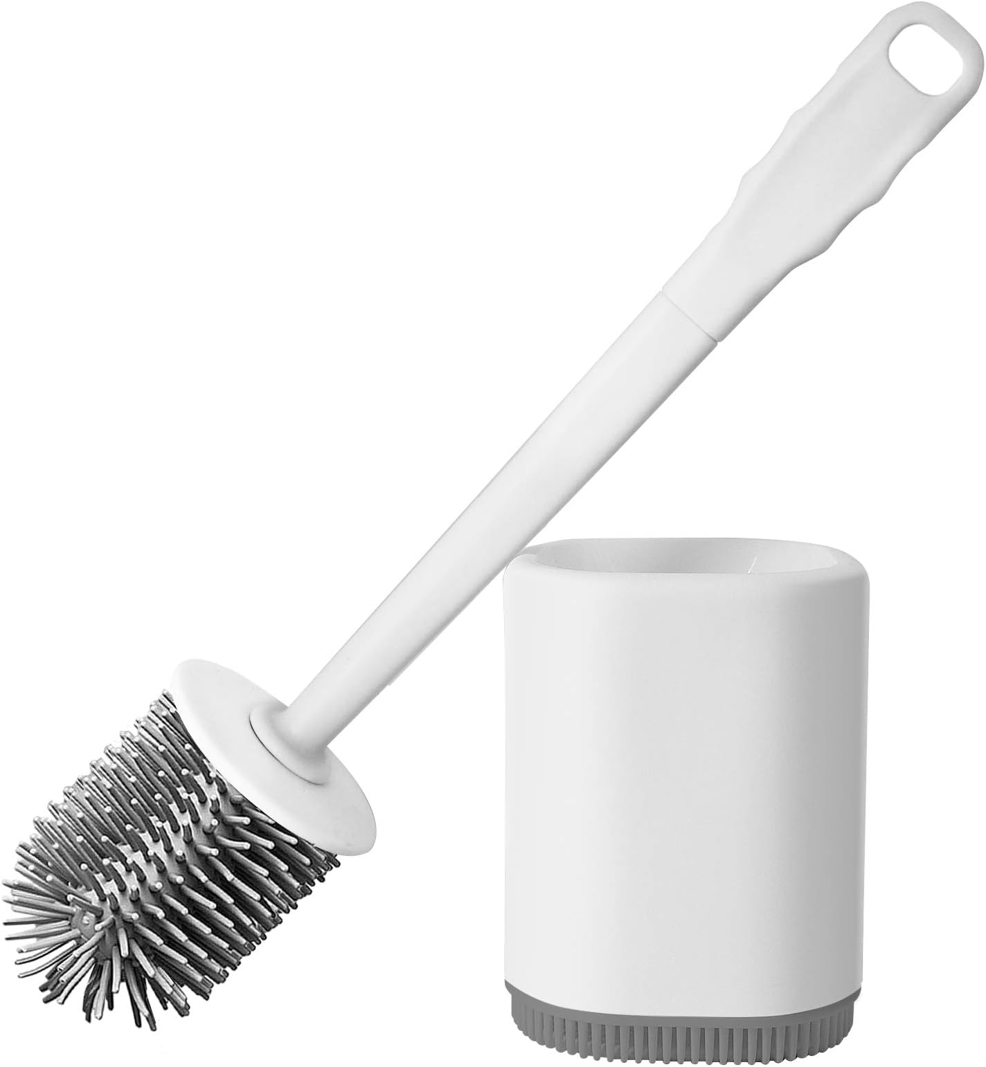 Toilet Brush and Holder, Silicone Toilet Brush Holder Set with No-Slip Long Plastic Handle, Silicone Toilet Cleaning Brush Deep Cleaner Brush with Quick Drying Holder for Bathroom, White