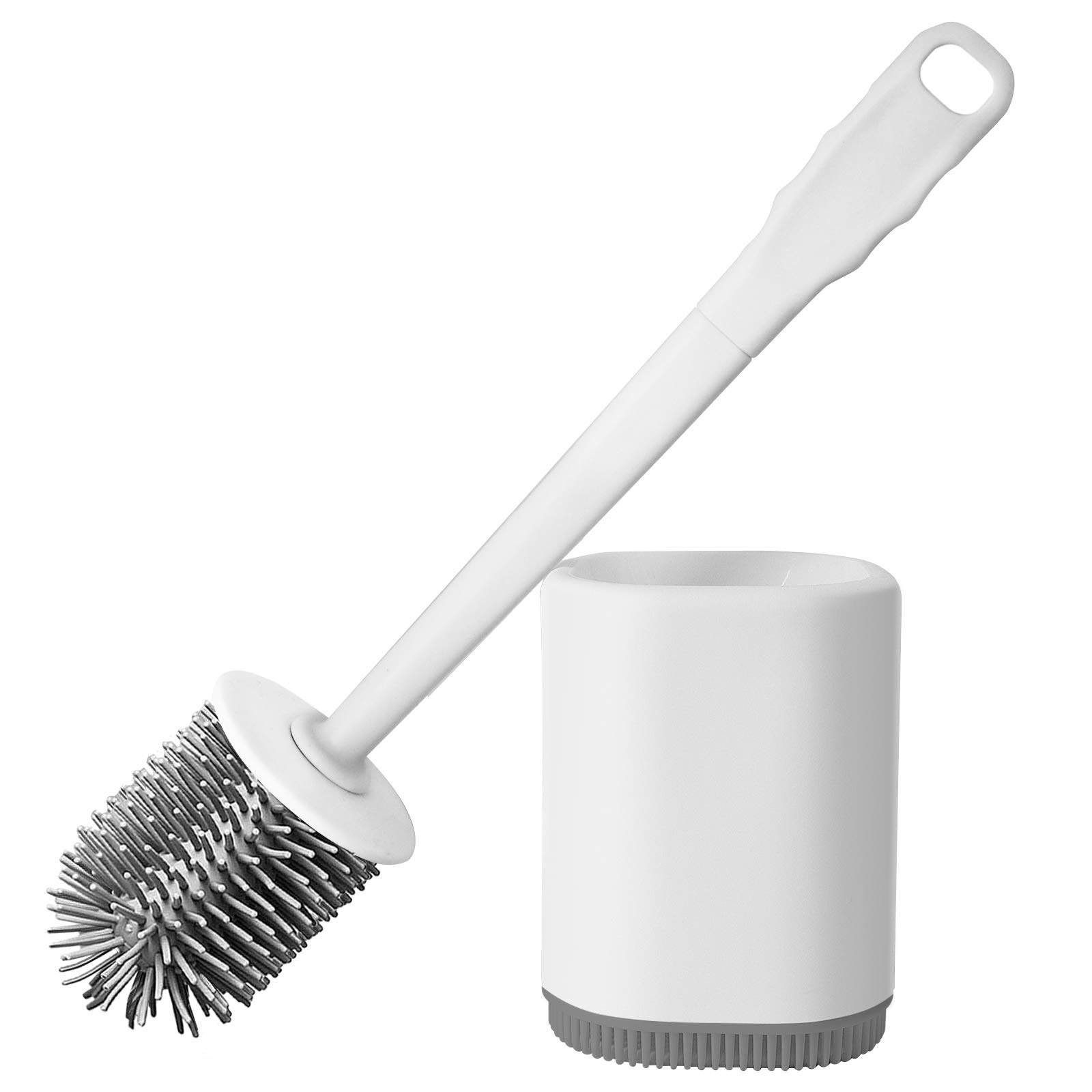 Toilet Brush and Holder, Silicone Toilet Brush Holder Set with No-Slip Long Plastic Handle, Silicone Toilet Cleaning Brush Deep Cleaner Brush with Quick Drying Holder for Bathroom, White