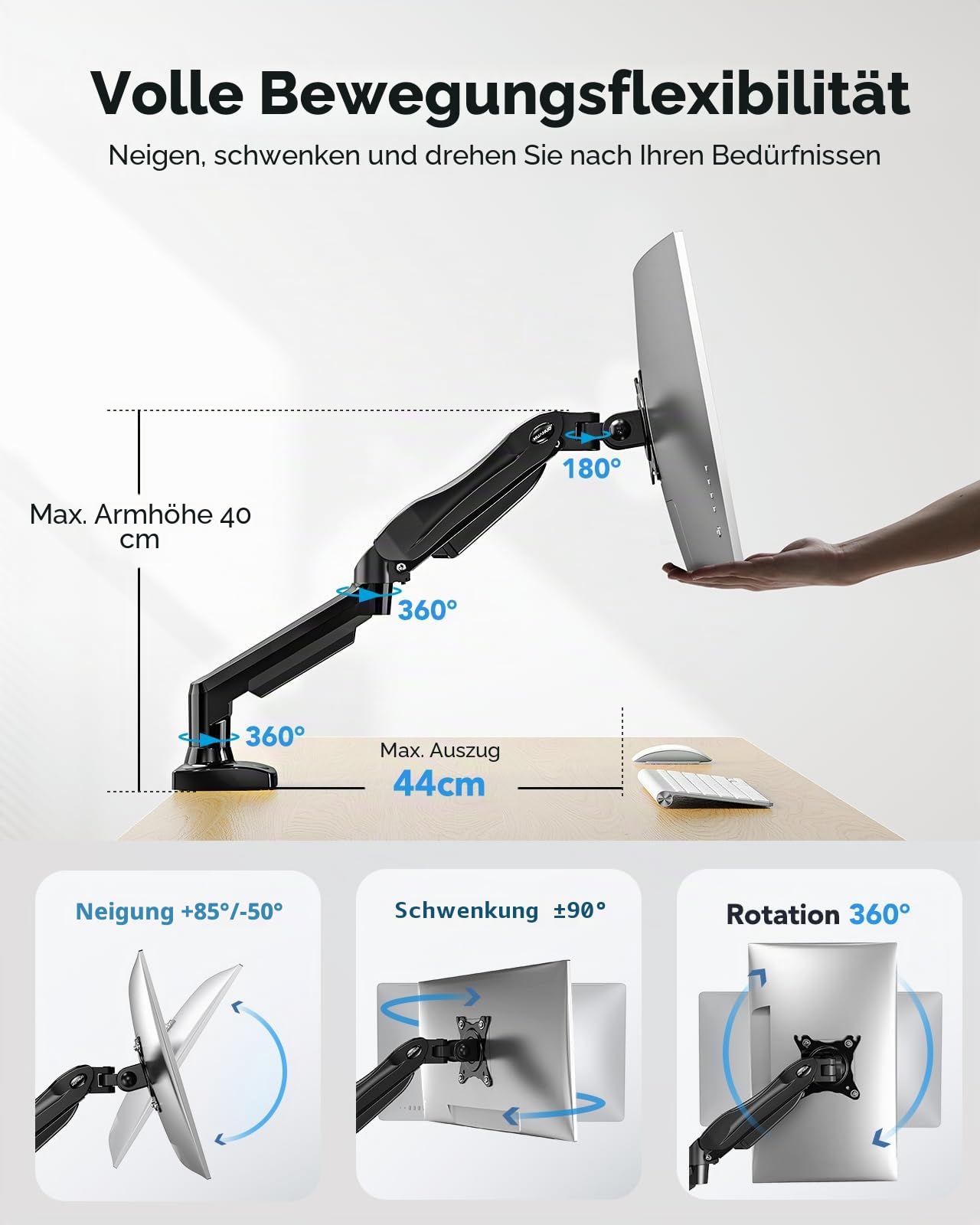 HUANUO Monitor Halterung für 13 bis 32 Zoll Bildschirme, Einzelner Monitorarm Ständer Hält 2~9 kg, Höhenverstellbare mit Neigungen, Schwenken, Dreht, VESA 75 & 100 mm