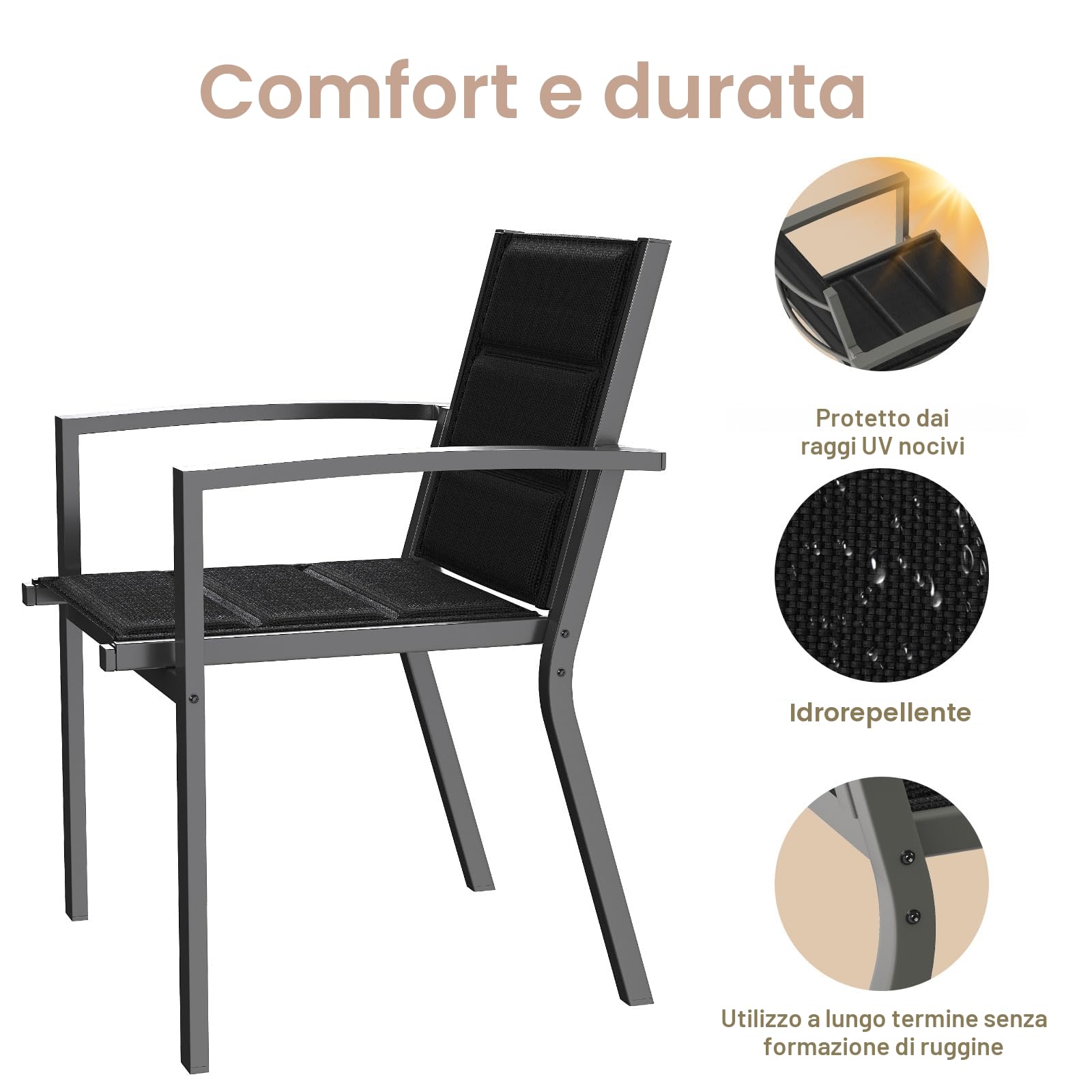 Devoko Set Di 2 Sedie Da Giardino, Sedie Da Esterno In Alluminio Per Esterni, Sedie Impilabili Poltrone Da Giardino, Per Giardino, Piscina, Terrazza, Sala Da Pranzo, Grigio Scuro