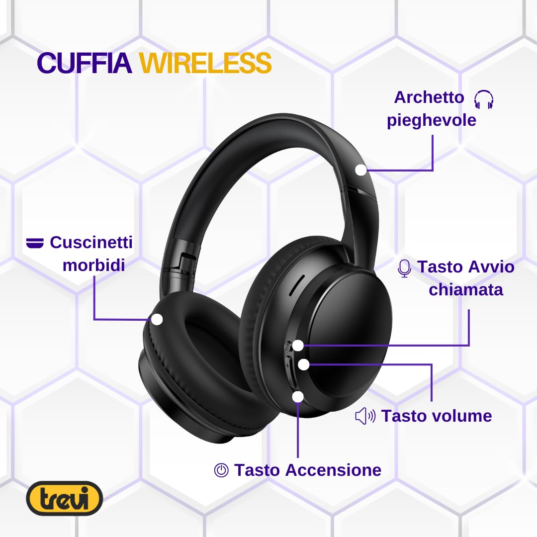 Trevi DJ 12E35 BT Cuffie Wireless Over Ear, Stereo HiFi con Microfono, 8h Autonomia, Comandi su Padiglione, Pieghevoli e Leggere, Compatibili con iOS e Android, per Viaggio, PC, Telefono e Ufficio