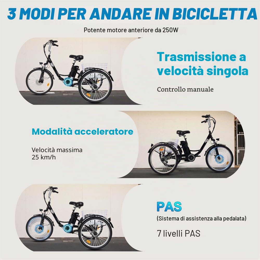 M300: triciclo elettrico per adulti da 250 W con batteria rimovibile da 36 V e 18Ah, ruote da 24 pollici, 3 marce e 7 velocità, ideale per il campeggio e gli spostamenti quotidiani