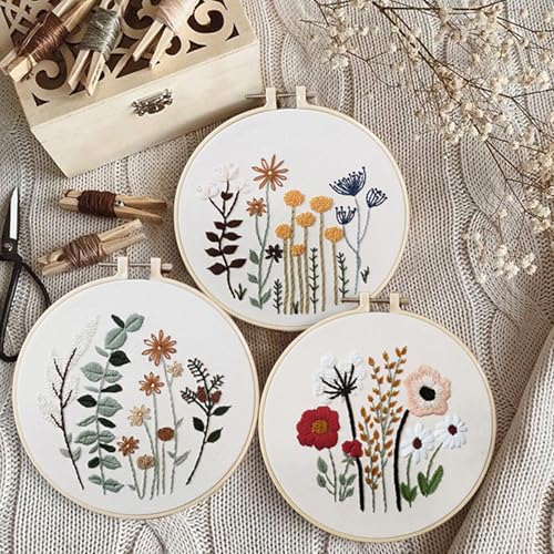 Image of GOGLAM Embroidery Kit for Beginners, 5 Sets Cross Stitch Kits, Needlepoint Kits Adults Beginner with Stamped Flower Pattern, Hoop, Needle, Easy Crafts Kits for Adults