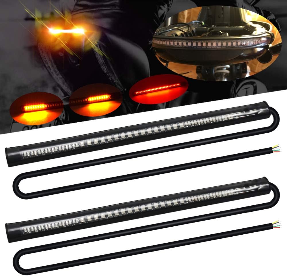 Universal Motorcycle Tail Lights 48 LEDs Amber/Red Colors Brake Stop Turn Signal Flexible LED Strips for Davidson Harley, Motorbike, ATV, RV, SUV, Car (2-Pack)