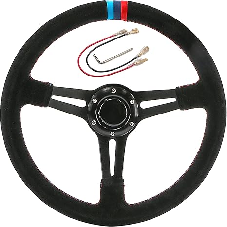 14 Inch Universal Suede Racing Steering Wheel | Deep Dish Sport Style With Horn Button & Hardware | For Sim Racing & Real Cars