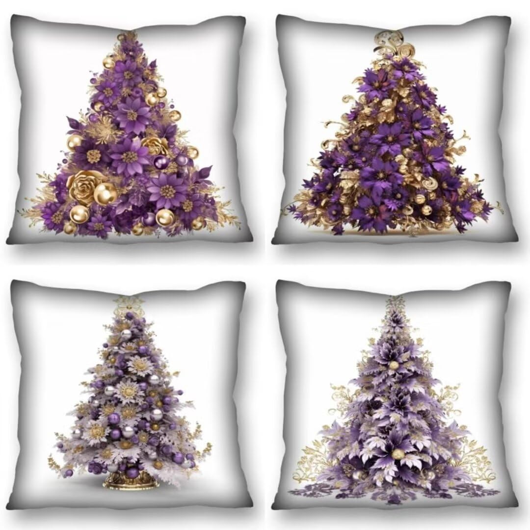Juego de 4 Fundas de Cojines Cojines Púrpura árbol de Navidad Funda Cojin Cuadrados de Lino Fundas Cojines Sofá Cojines Decorativos para Salón Sofá Dormitorio Coche Jardín Silla Decoración del Hogar