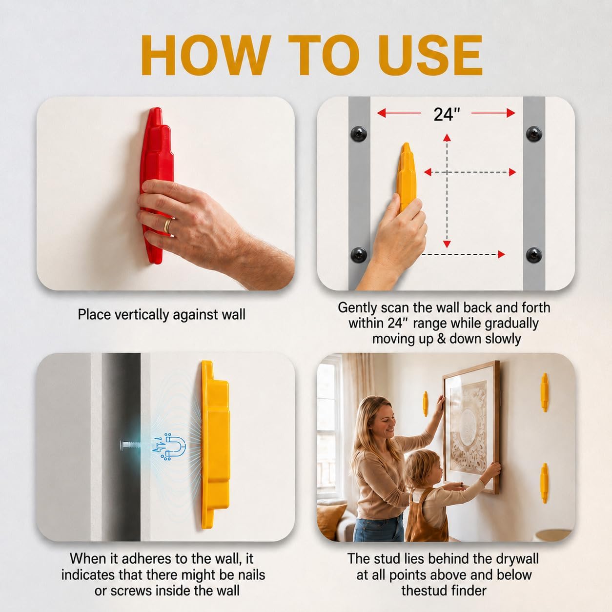 4Pcs Magnetic Stud Finder Wall Scanner | No Batteries Required Stud Finder Magnet, Wall Detector Scanner for Screws, Nails & Metal Studs Through Drywall & Wood