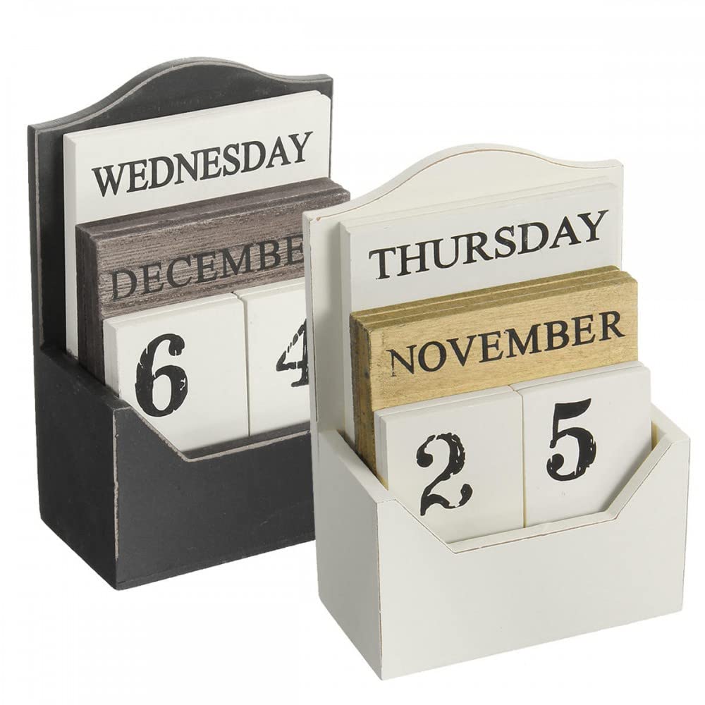 Vintage Holzblock ewiger Schreibtischkalender Rustikale Holz Büro Zuhause Schreibtisch Dekor (weiß)