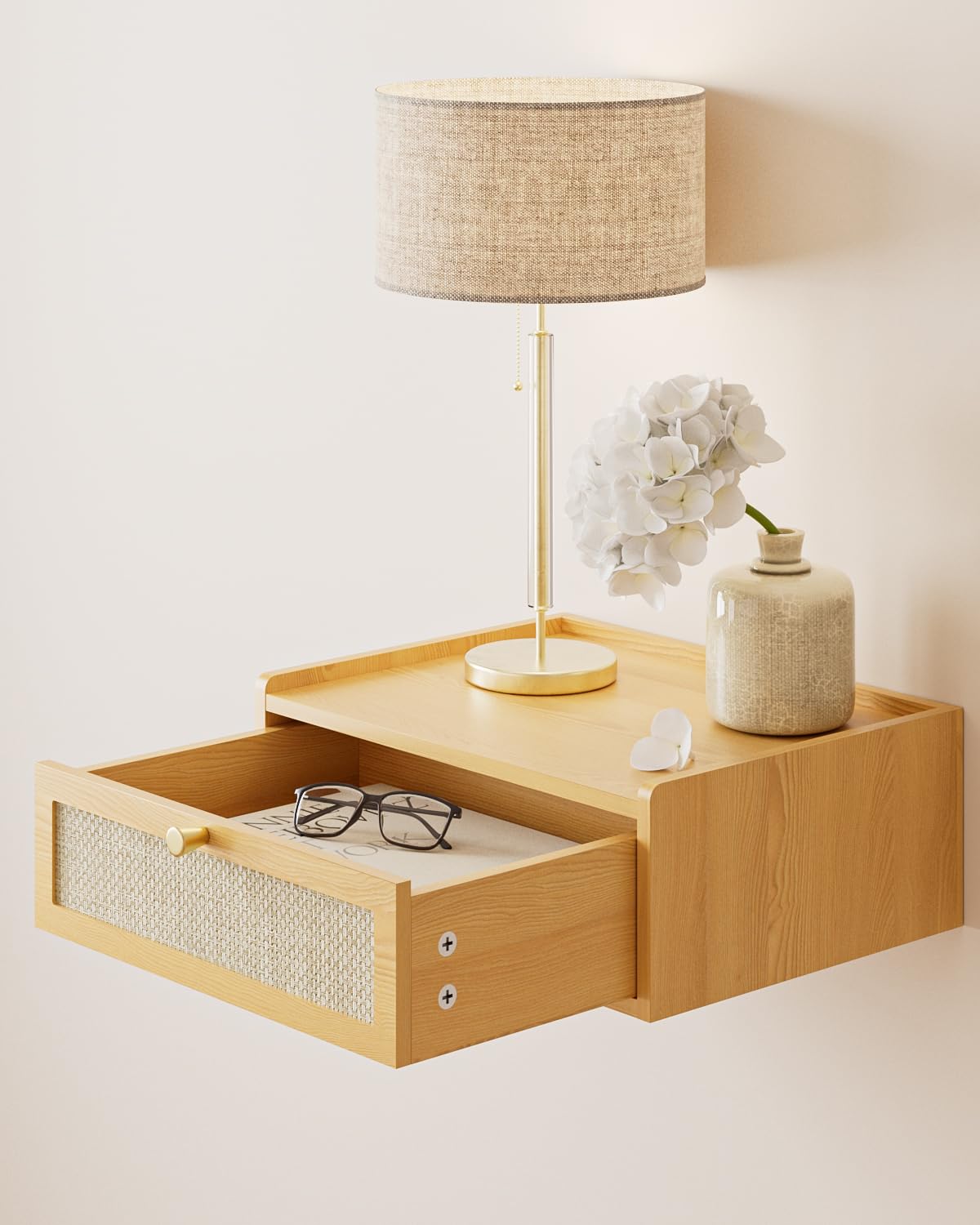 Mesita de noche flotante, mesita de noche montada en la pared con cajón, pequeños estantes flotantes, mesita de noche de madera flotante para dormitorio, sala de estar, baño 3