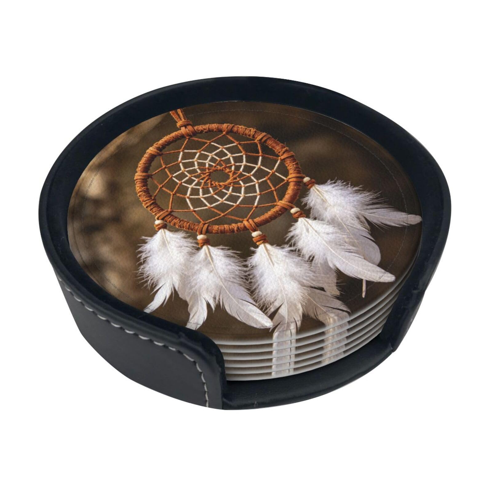 Cntdbu White Dreamcatcher Feather Art Leather Coasters Set Of 6-Pu Leather Drink Mats For Table, Heat Resistant Round Coasters With Holder