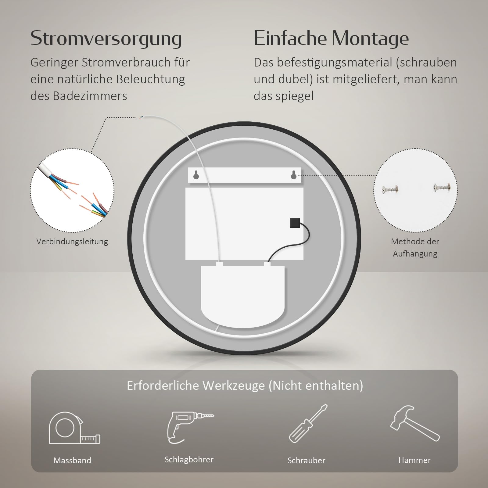 EMKE Badspiegel mit Beleuchtung rund 60 cm, dimmbar, Uhr