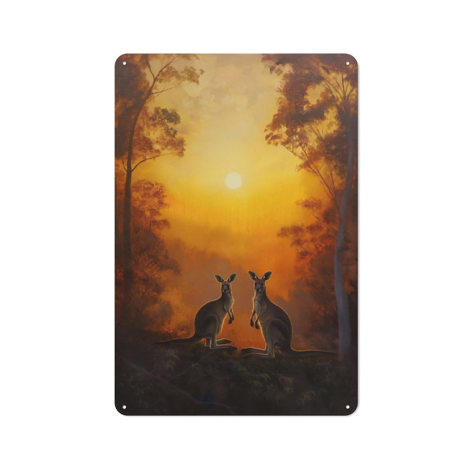 Modern Retro Metal Wall Art Sign 30x20cm Featuring Kangaroo Forest Sunset, Urban Room Decor for Workspace, Cafe, Hallway Or Garage