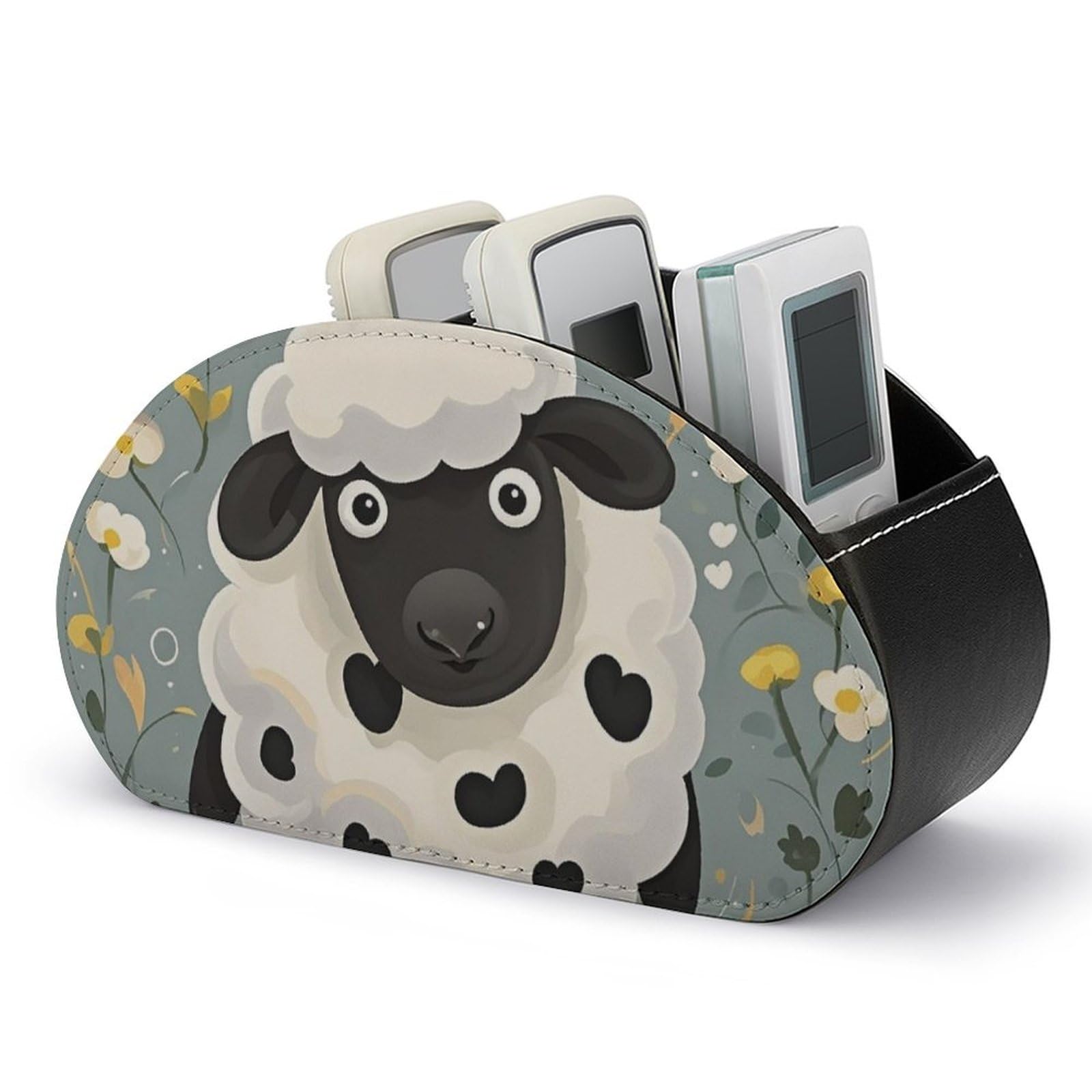 DWVTSLH Cartoon Black White Sheep Remote Control Holder with 5 Compartments - PU Leather TV Remote Holder Remote Caddy Desktop Organizer Makeup Brush Holder, Remote Storage Box for Home Office