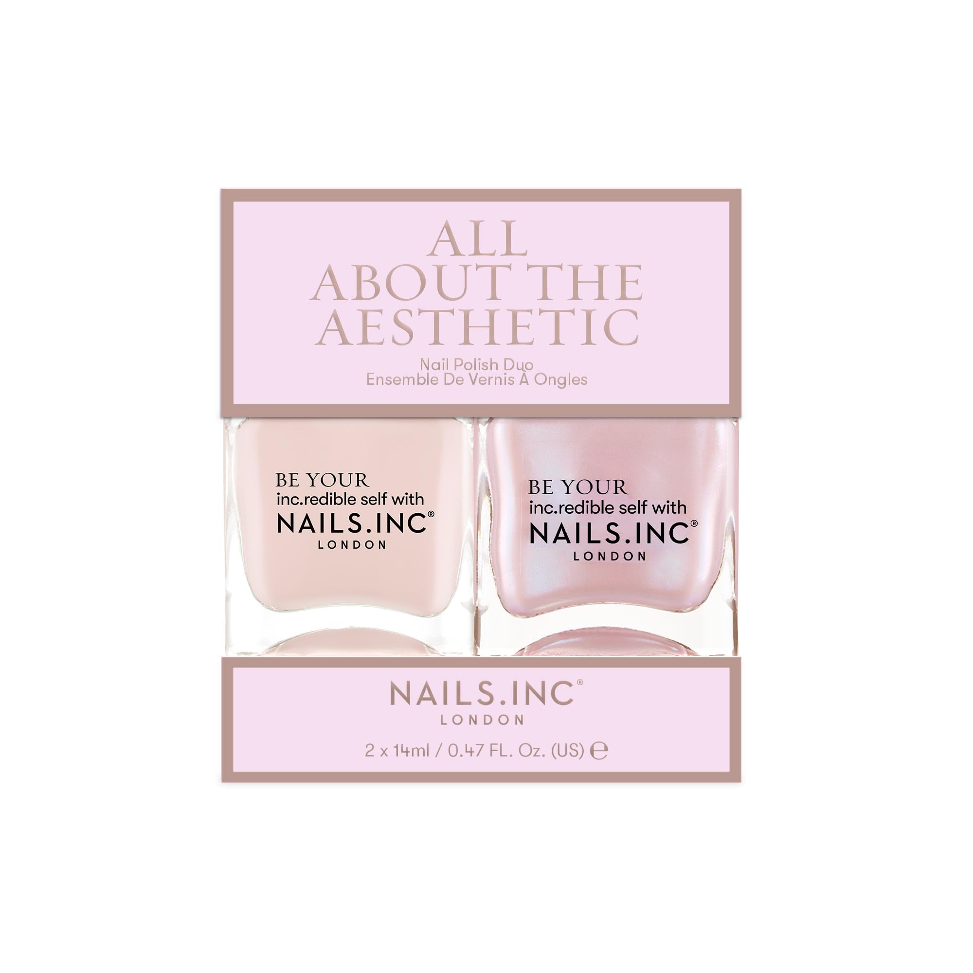 Nails Inc All About The Aesthetic Nail Polish Duo, Shimmer, Trend Inspired Nail Shades, Swatched from the Catwalk, Longwear Rapid Dry Formulation, Cruelty Free, Vegan, 21 Free, 2 Piece Set