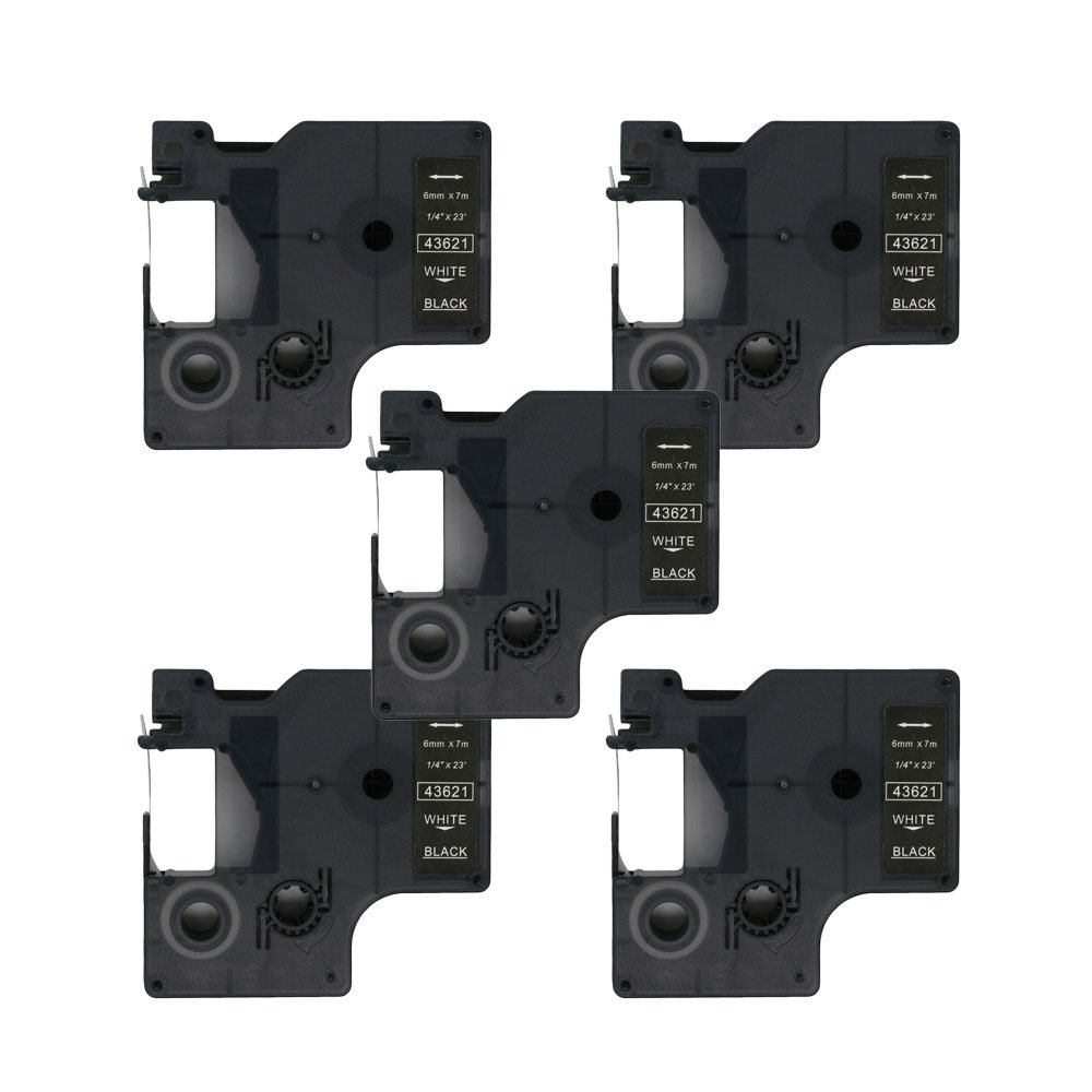 BROVACS 5 Pack White on Black Label Tape Compatible for DYMO D1 43621 6mm 1/4" OPA2021x5
