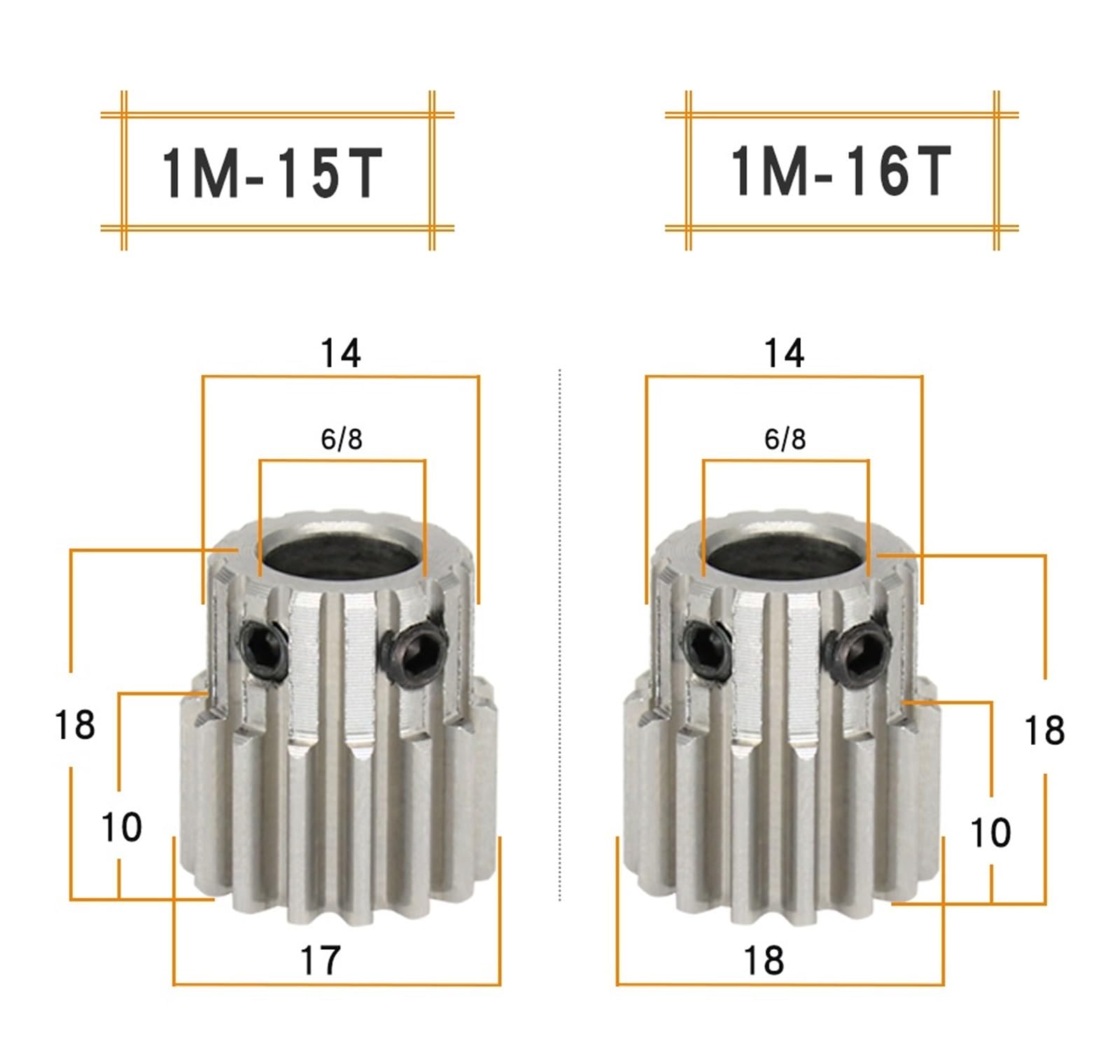 Bevel Gear Pinion Hardware Mechanical 1pcs Spur Gear 1M-15T/16T Bore Size 6/8mm Stainless Steel Transmission Gear Teeth Outer Diameter 17mm Total Height 18mm(6mm-16 Teeth)