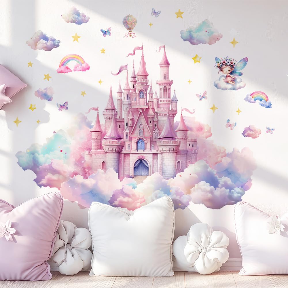 Princess Castle Wall Stickers for Girls Room Decoration - Fairy Tale Wall Decals with Rainbow Clouds Butterfly - Waterproof Removable Nursery Wall Stickers for Kids Bedroom Baby Room Playroom Decor-picture-42