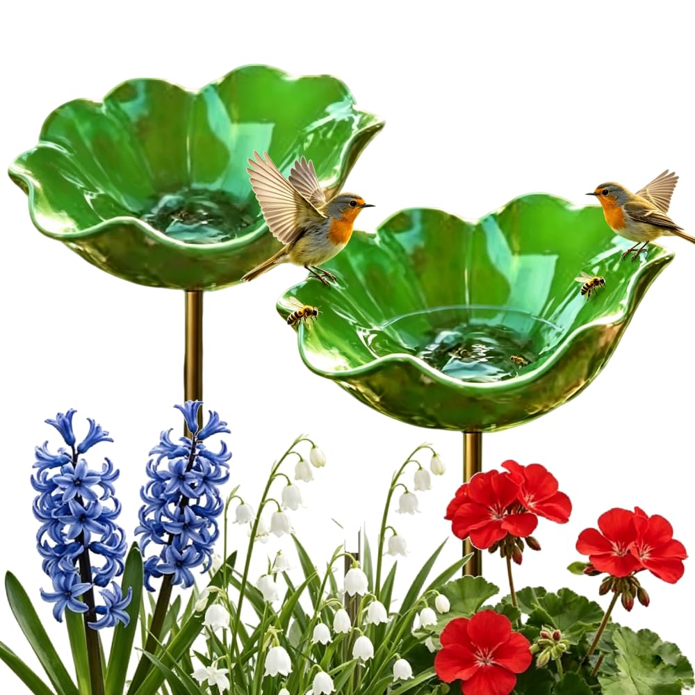 2Pcs Handmade Bird Metal Garden Stake with Flower Bowl, 2-in-1 Bee Watering Station for Outside Lawn, Yard, Patio AND Potted Plants, Decorative Bird Bath for Garden (green)