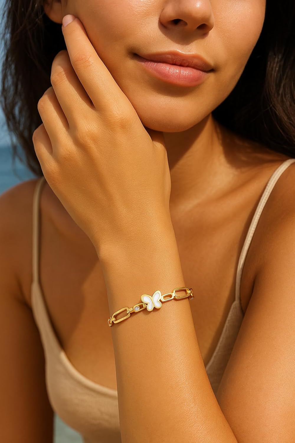 Ora & Eve Butterfly Bangle Bracelet for Women – 18K Gold with White Enamel & Crystal Accents – Waterproof, Hypoallergenic, Dainty Jewelry Gift
