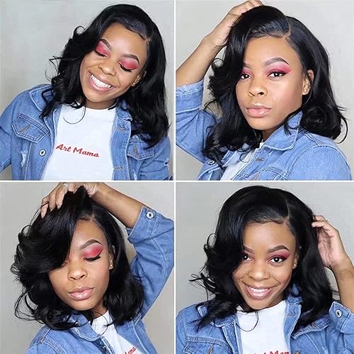 Miniatura 2 de QUINLUX WIGS Peluca de cabello humano corto estilo Bob ondulado de 13 x 6 pulgadas, con encaje frontal transparente HD, cabello brasileño de color