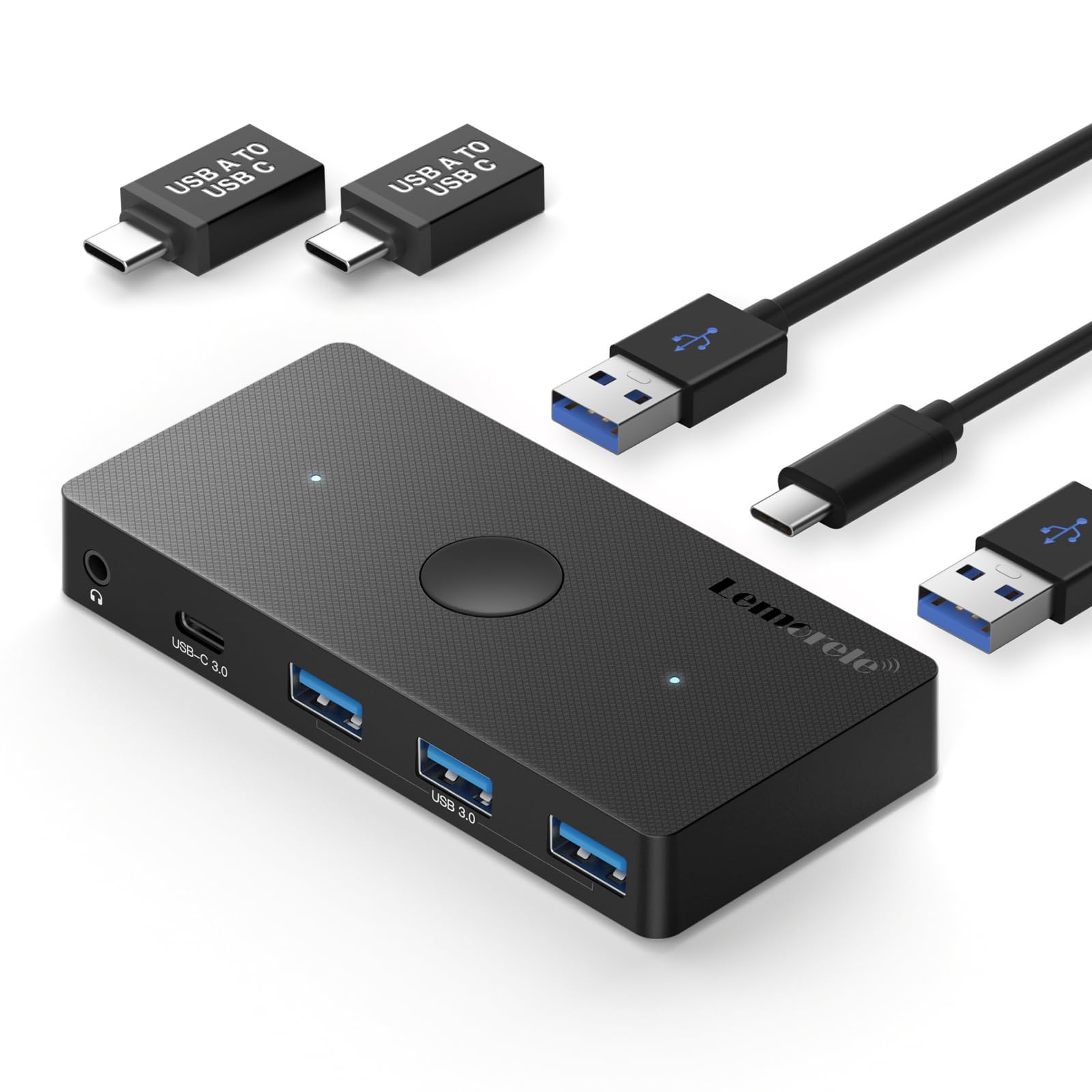 Lemorele USB Switch Shares 3 USB3.0 and 1 USB-C3.0 Ports Between Two Computers, 3.5m Audio (with Microphone), Can Be Used with Mouse, Keyboard, Printer, Compatible with Windows/Mac/Linux