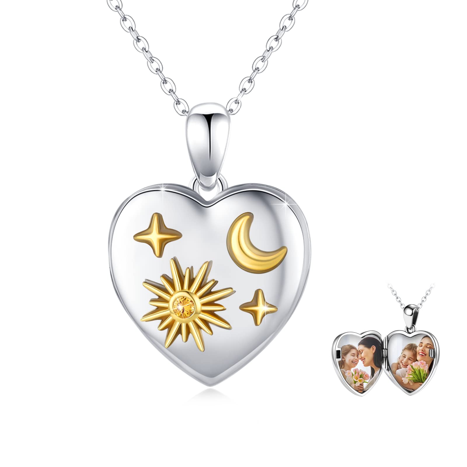 Sun and Moon Necklace Sterling Silver Locket Necklace That Holds Pictures Heart Shaped Locket Neckla