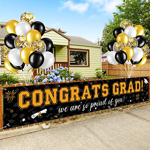 Image of 37Pcs Graduation Banner Balloon Decorations Class of 2026, Congrats Grad Banner Yard Outdoor Decorations, Graduation Balloons Banner Set for High School College Graduation Party Supplies, Black & Gold