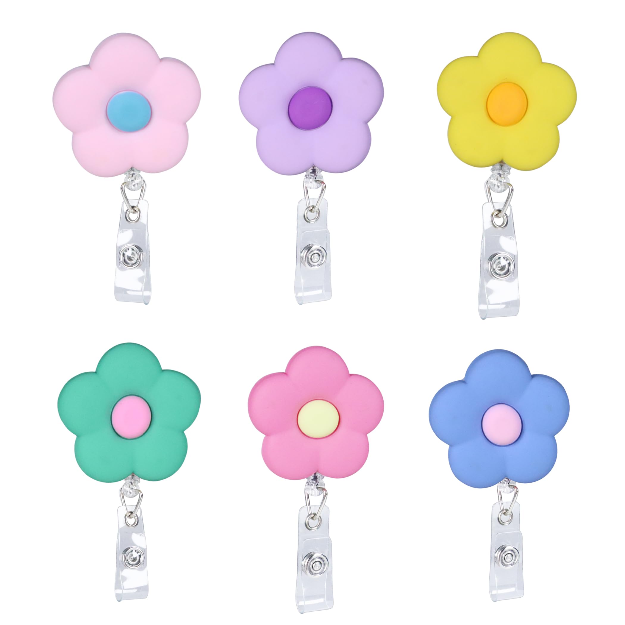 6Pcs Flower Retractable Badge Holders, Cute Colorful Badge Reels with 24 inch Retractable Cord Clip, Multi-colored, 1.8 inches