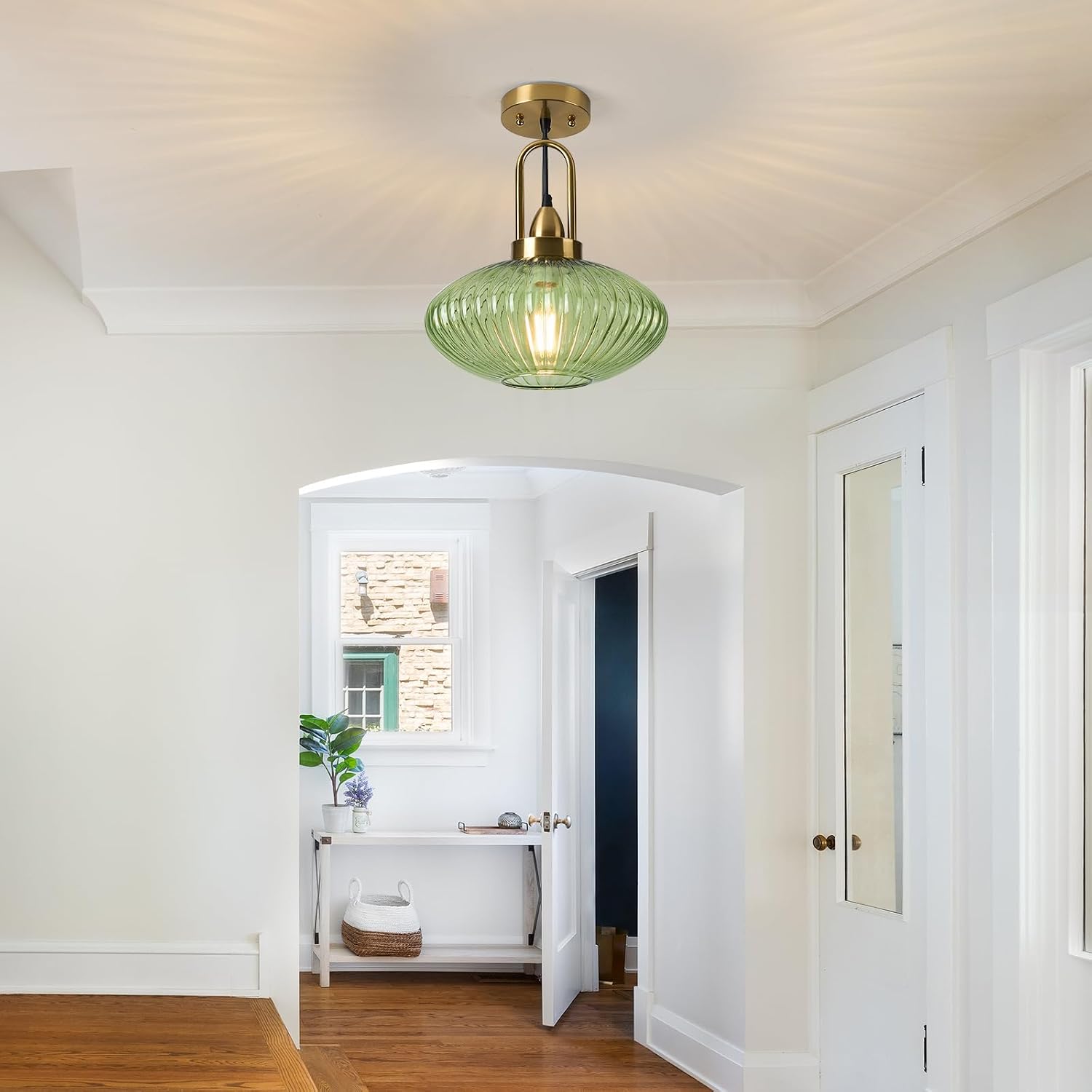 12 Inch Green Pendant Lights Vintage Chandelier Pendant Lighting Modern Mid Century Hanging Lights Adjustable Kitchen Island Light for Dining Room Bedroom Hallway