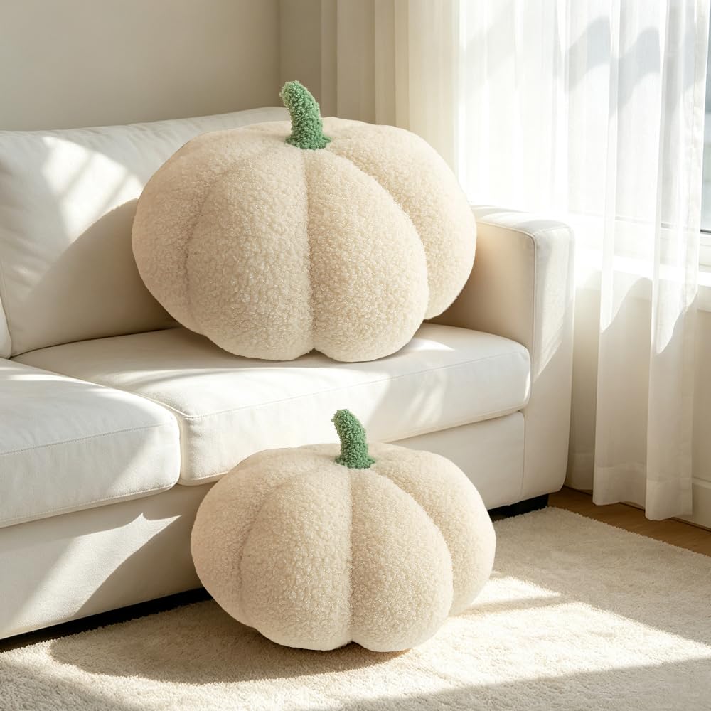 NKFBEV Pumpkin Plush Pillow Halloween, 2 Pcs Pumpkin Throw Pillows, Soft Plush Throw Pillow for Autumn & Fall Decor, Cute Halloween Thanksgiving Home Decor Gifts for Kids Adults (White, 30cm + 23cm)