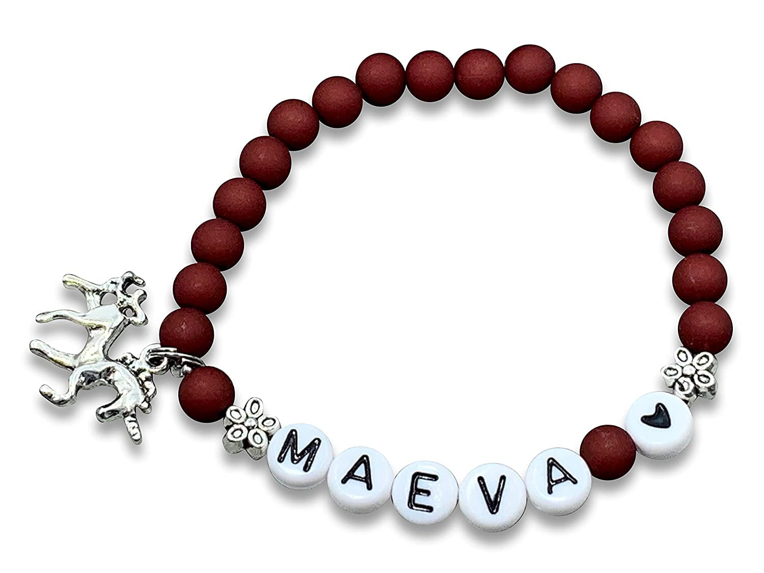 Majas Perlen Armband mit Name Maeva Bordeaux Acryl 6mm - echte Edelsteine Rosenquarz Labradorit Amazonit uvm. möglich - Geschenk Mädchen Freundin Lieblingsmensch - Handmade Personalisierbar