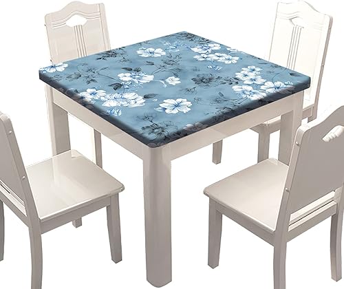 SongYi Manteles ajustables cuadrados florales, borde elástico de flores azules y blancas, manteles para decoración del hogar, a prueba de aceite y SongYi Manteles ajustables cuadrados florales, borde elástico de flores azules y blancas, manteles para decoración del hogar, a prueba de aceite y