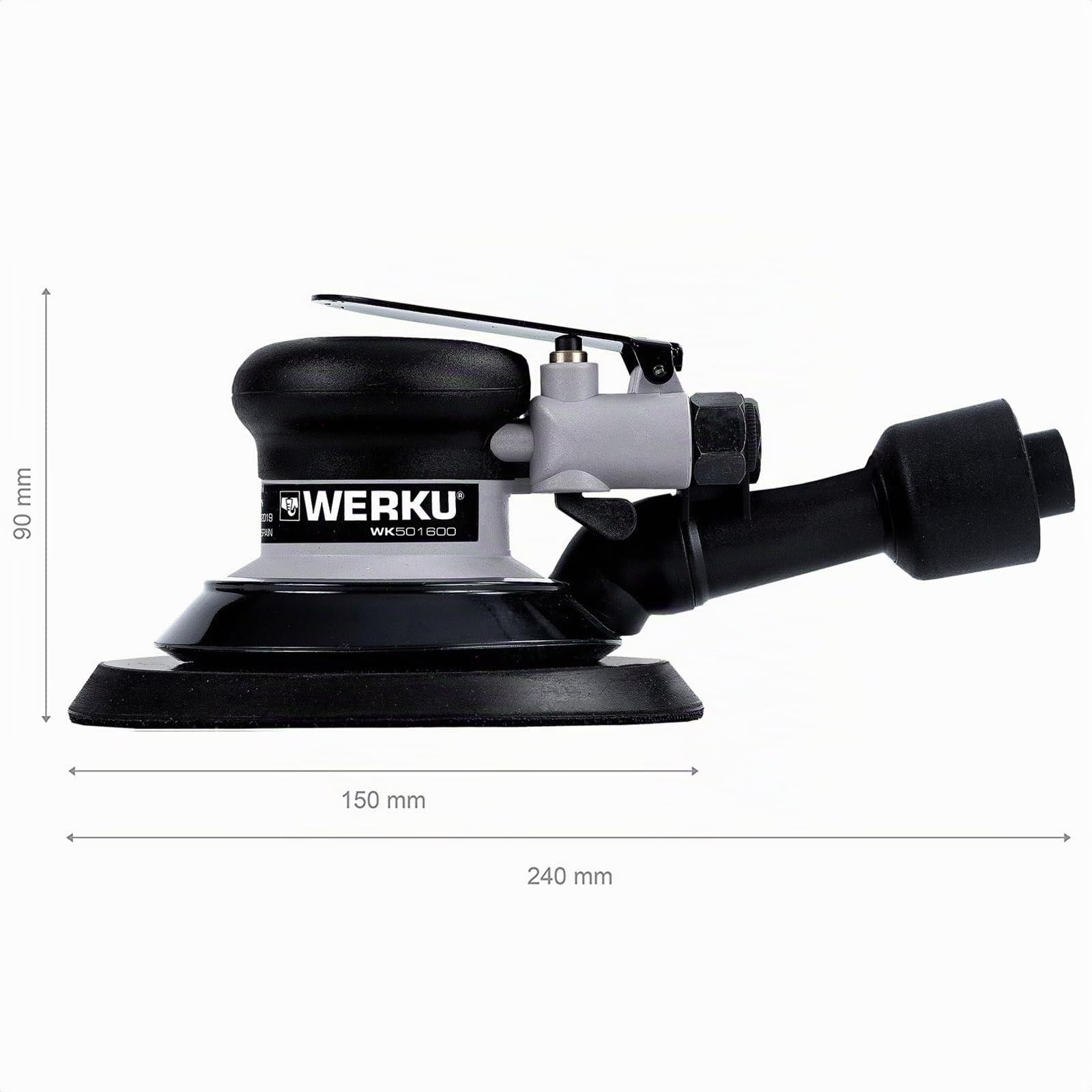 Werku WK501600, Lijadora Circular Rotorbital Neumática, Calidad Profesional, Disco 150 mm, Órbita 2.5 mm, Incluye Disco Lijado y Manguera Aspiración