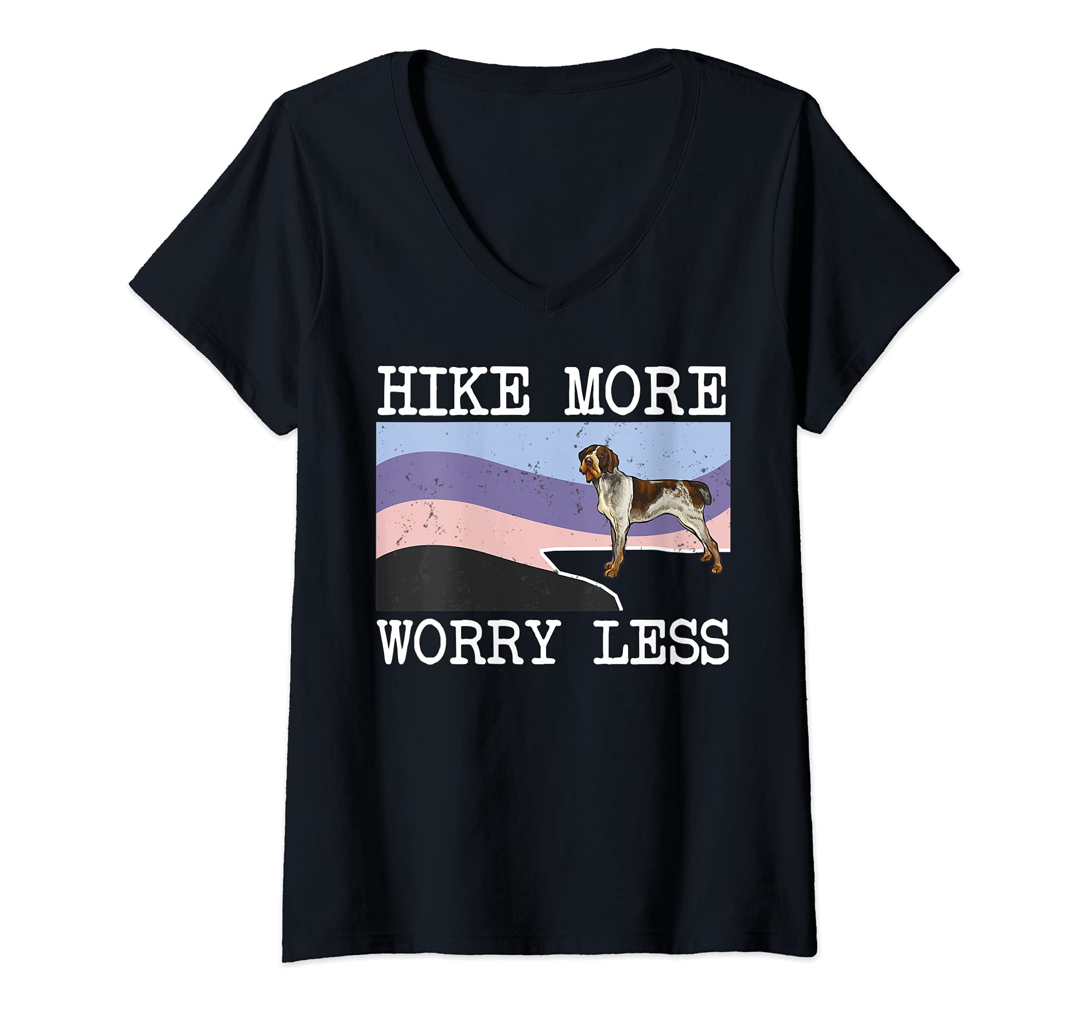 Womens German Wirehaired Pointer Hike More Worry Less Dog Hiking V-Neck T-Shirt, Black