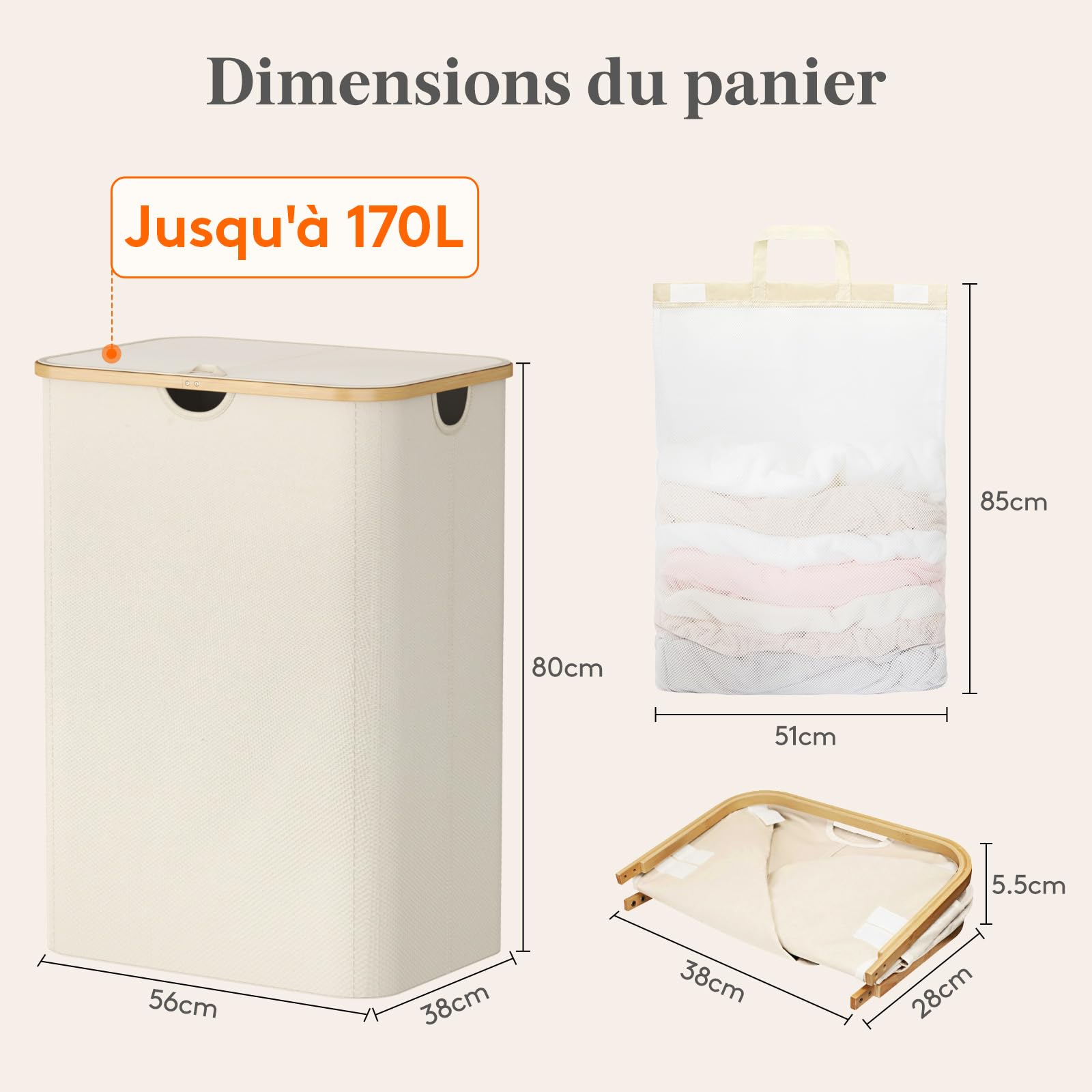 Lifewit Panier à Linge avec Sacs Amovibles, Grande Corbeille à Linge Pliable en Bambou avec Couvercle, Laundry Basket pour Chambre, Salle de Bain, Buanderie, 3 Compartiments, 170 L, Beige