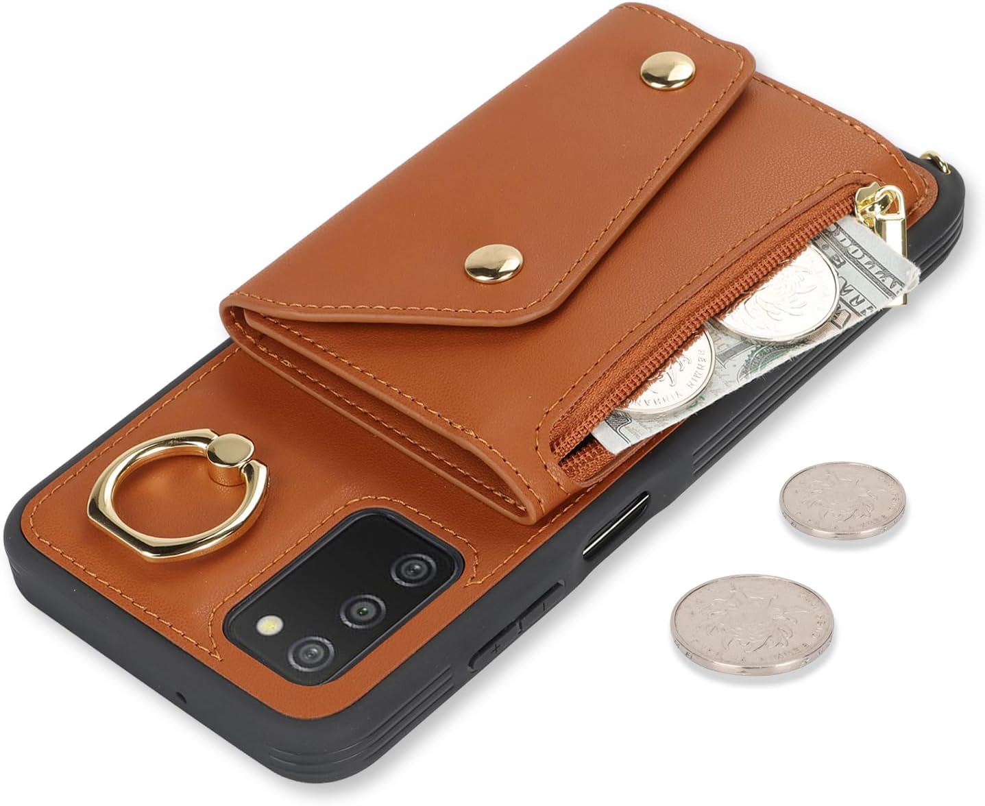 Lipvina for Samsung Galaxy A03s 5G Case with Card Holder and Strap - Zipper Pocket,Crossbody Lanyard Strap,Credit Card Holder,Stand Ring,Cute Phone Wallet Case for Women(Brown,6.5 Inch)