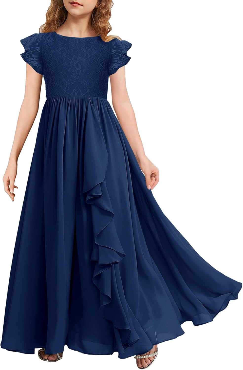 MITILLY Girls Lace Flower Maxi Dress Ruffle Sleeve A-Line Flowy Junior Bridesmaid Chiffon Dresses for Wedding Party