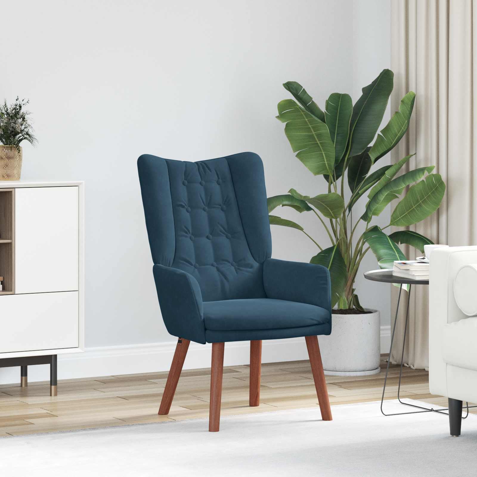 Poltrona Blu in Velluto con Braccioli Imbottiti e Gambe in Legno Massello di Hevea 63 x 67 x 94 cm, Seduta Singola Ergonomica per Soggiorno, Camera, Studio, Relax e Lettura