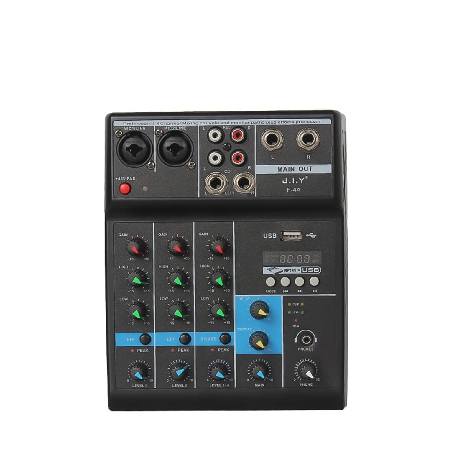 Mezclador de audio profesional de 4 canales Bluetooth o mezclador de DJ consola de grabación etapa USB mezclador de audio mezclador de sonido con efecto de reverberación portátil y ligero