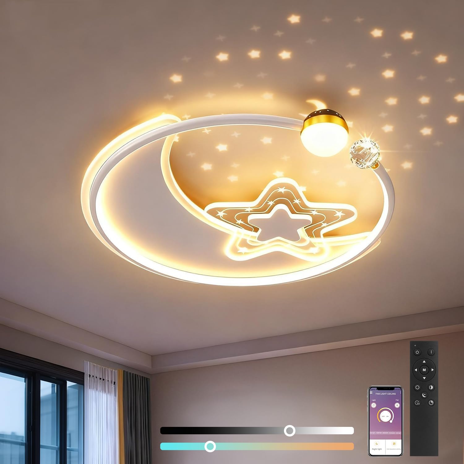 KZT LED Deckenleuchte Kinderzimmer Deckenlampe Dimmbar mit Fernbedienung Nachtlicht Moderne Stern Mond Design Kinderzimmerlampe für Jungen und Mädchen Schlafzimmer Babyzimmer Wohnzimmer