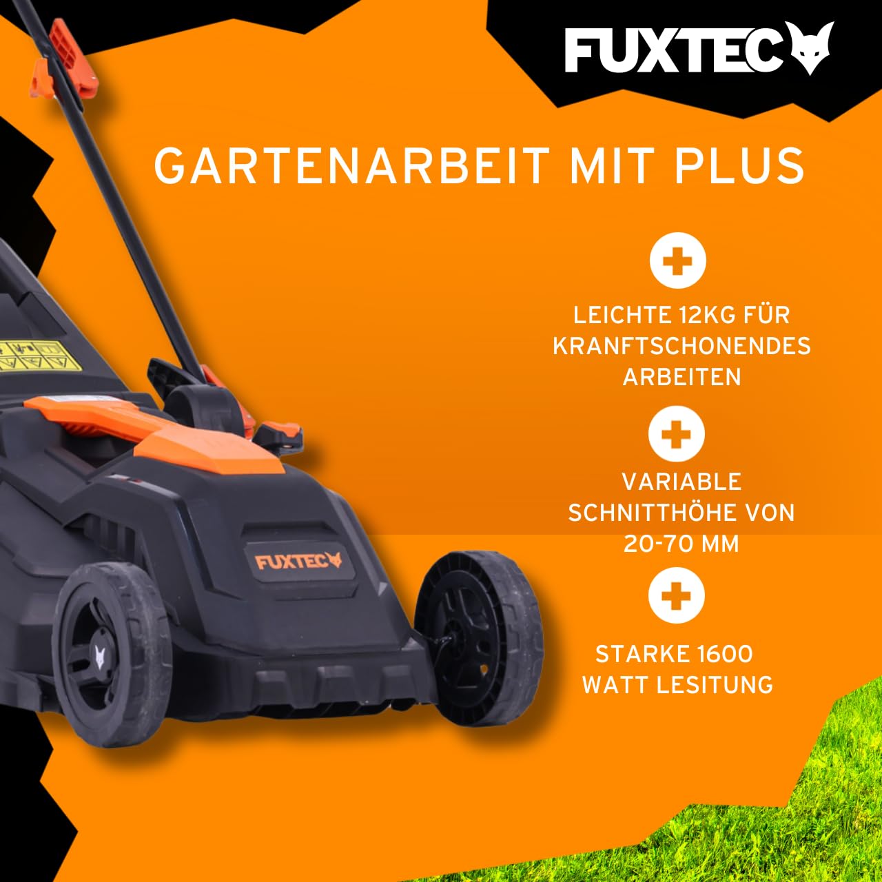 FUXTEC Elektro Rasenmäher mit Kabel FX-RME38-38cm mit 40L Grasfangkorb - nur 12kg - Schnitthöhe 20-70mm - 1600Watt & 220V
