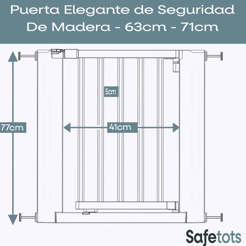Safetots Puerta Elegante de Seguridad De Madera, Natural, 63cm - 71cm, Puerta de Seguridad con Ajuste por Presión, Puerta para Bebés para Escaleras, Pasillos y Puertas | No requiere taladrar, puerta de una sola pieza sin extensiones, puerta extra ancha y