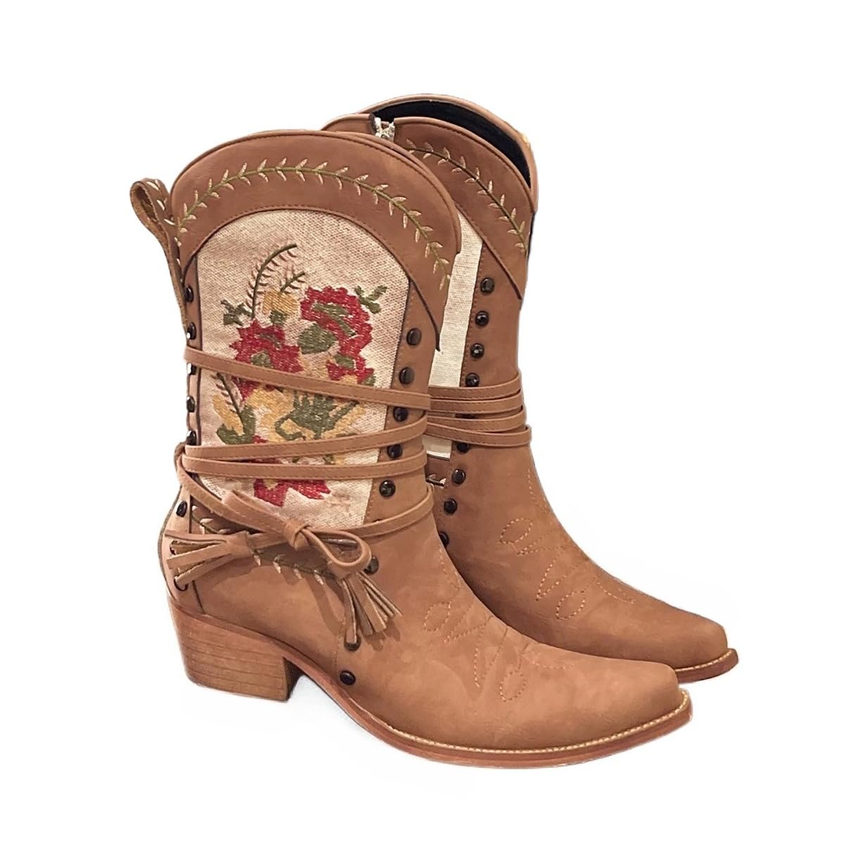 Floral Embroidered Cowboy Boots for Women Lace Up Short Western Booties with Pointed Toe and Chunky Heel Stylish