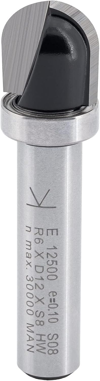 ENT 12500 Fillet Cutter Carbide Tungsten, Shank (S) 8 mm, Radius (R) 6 mm, D 12 mm, NL 12 mm, SL 32 mm, with Ball Bearing