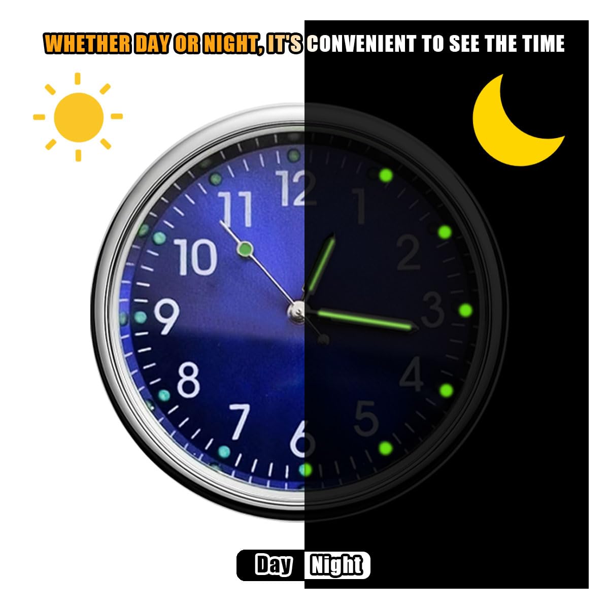 Mini-Auto-Uhr, leuchtende Uhr mit Klebstoff, Auto-Entlüftungs-Clip, Quarz-Uhren, Auto-Armaturenbrett-Uhren, Universal-Auto-Uhren-Zubehör für Zuhause, Boot, LKW, SUV, Auto (schwarz + blau), 2 Stück