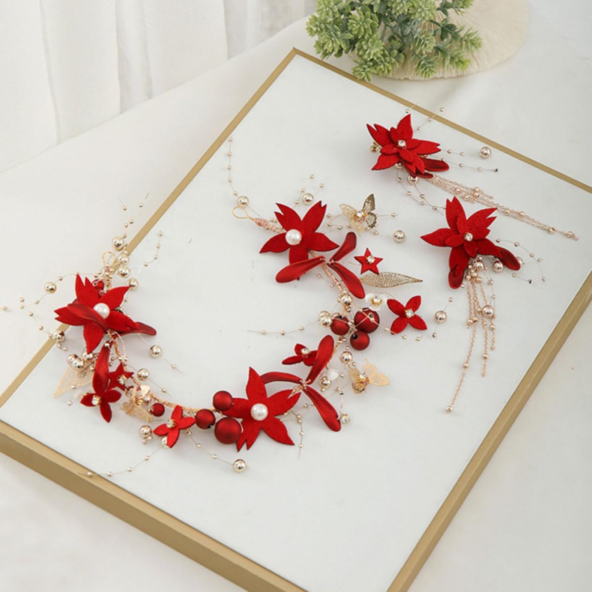 Red Floral Headband and Earrings Set for Women Weddings image 4