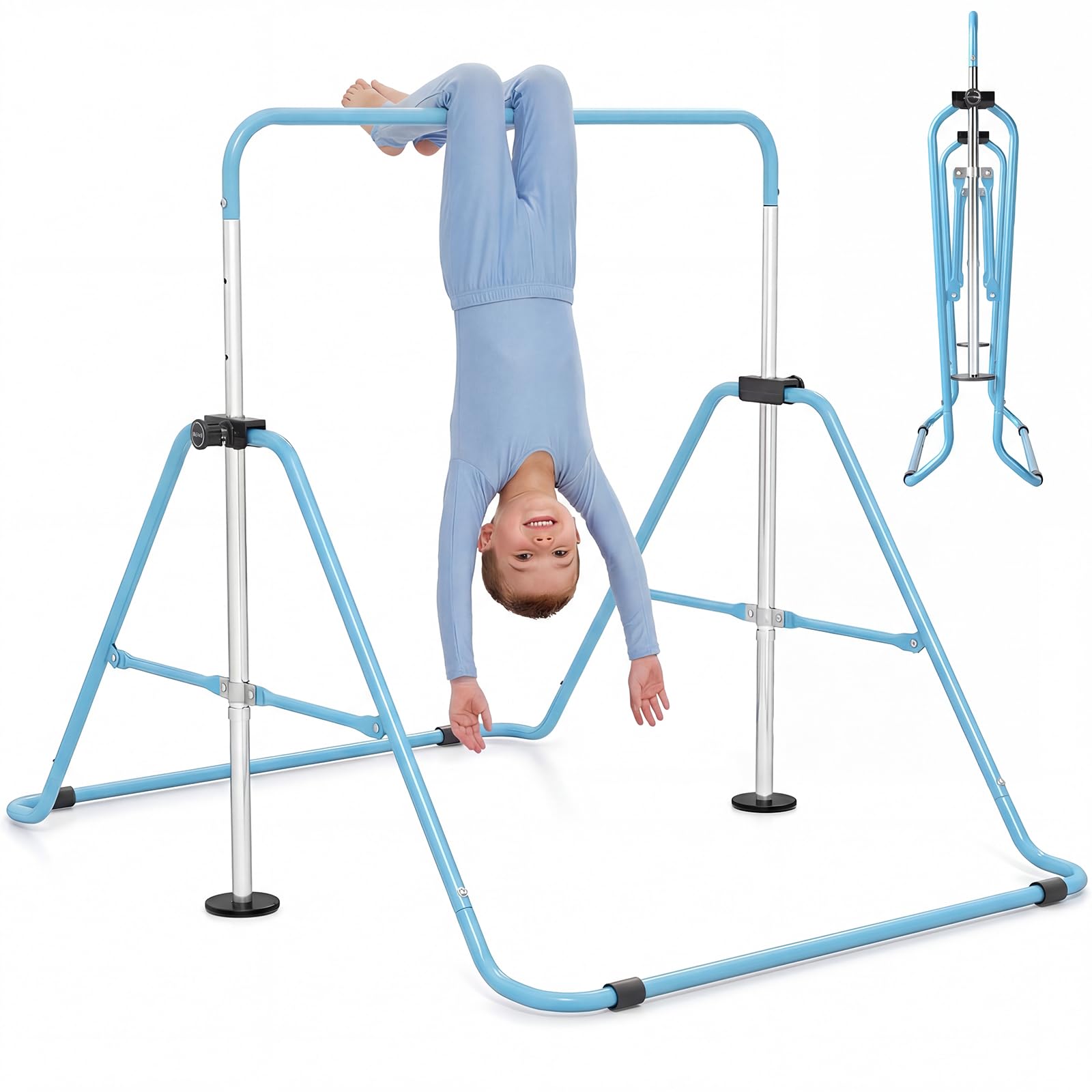 COSTWAY Folding Gymnastics Bar, Height Adjustable Horizontal Kip Bars with Anti-slip Base, Expandable Training Monkey Bar Home Equipment for Kids Juniors (without Gymnastic Rings, Blue)