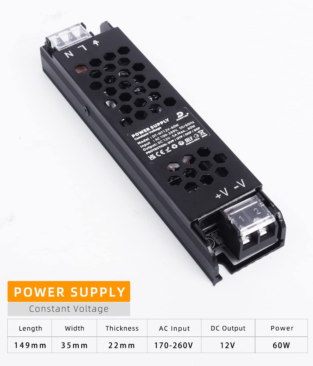 DUSKTEC Transformator LED 12 V sterownik 60 W, zasilacz kierowcy 5 A, zasilacz prądu stałego niskiego napięcia, konwerter 220 V AC na DC do taśm świetlnych LED MR16 G4 CCTV